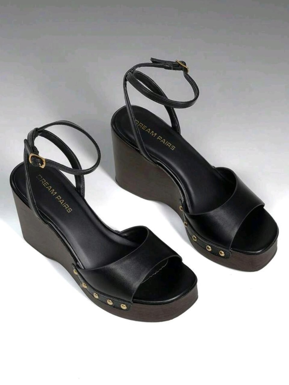 Dream Pairs Black Leather Ankle-Strap Platform Wedges with Gold Accents